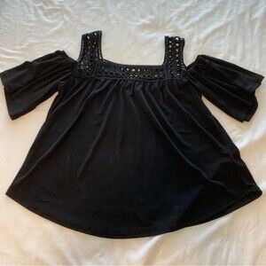 Black Crochet Lace Art Deco Vintage Sexy Luxury Fabric Cold Shoulder Top SZ M